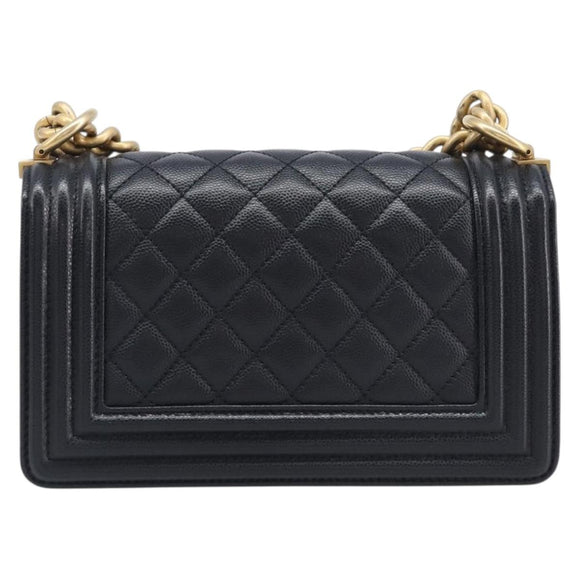 CHANEL Boy Chanel Matelasse Chain Bag Caviar Skin Black Gold CC Auth 206546SAM