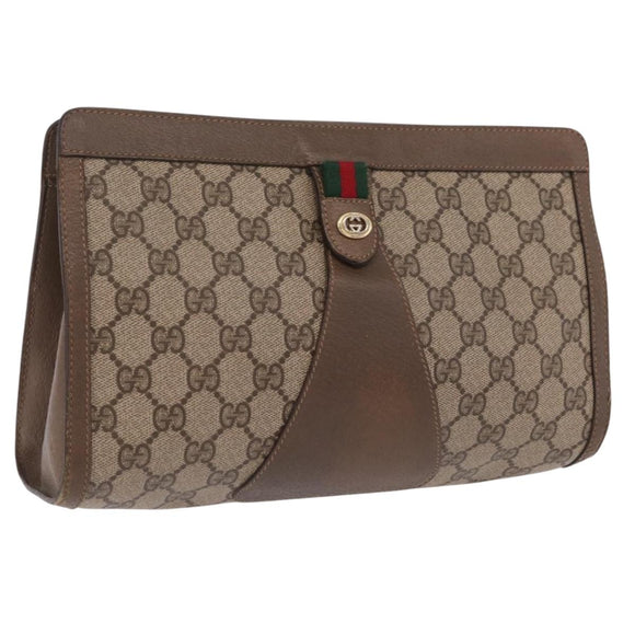 GUCCI GG Supreme Web Sherry Line Clutch Bag PVC Beige Gold 89 01 033 Auth 206572