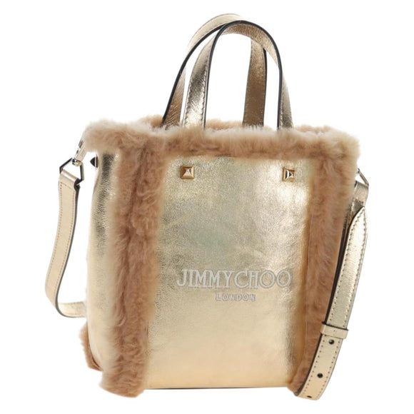 Jimmy Choo Tote Bag Leather Fur 2way Gold Auth 206610V