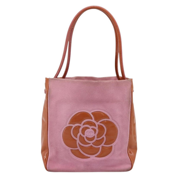 CHANEL Camelia Tote Bag Suede Pink Gold Tone CC Auth 206630