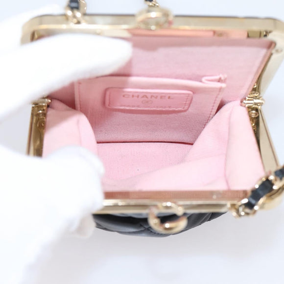 CHANEL Chain Pouch Lamb Skin Black Gold Tone CC Auth 206632SAV