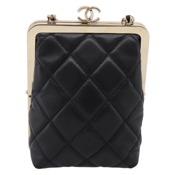 CHANEL Chain Pouch Lamb Skin Black Gold Tone CC Auth 206632SAV