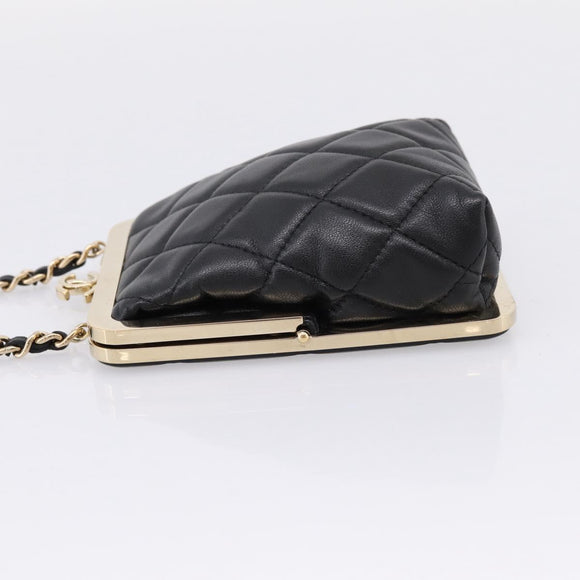 CHANEL Chain Pouch Lamb Skin Black Gold Tone CC Auth 206632SAV