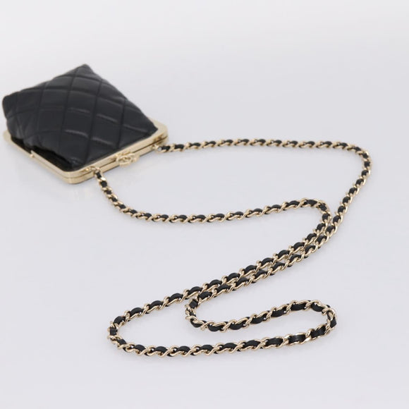 CHANEL Chain Pouch Lamb Skin Black Gold Tone CC Auth 206632SAV