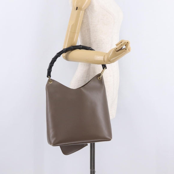 GUCCI Bamboo Hand Bag Leather Gray Gold Tone 001 2058 Auth 206638