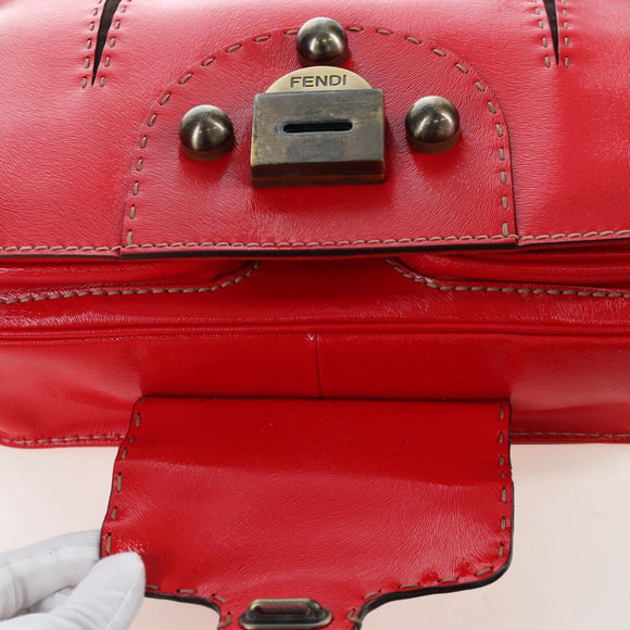 FENDI Hand Bag Leather 2way Red Gold Tone 8BN199 Auth 206644V