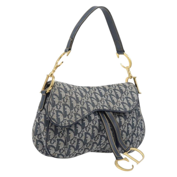 Christian Dior Trotter Canvas Double Saddle Bag Navy Gold Tone Auth 206654V