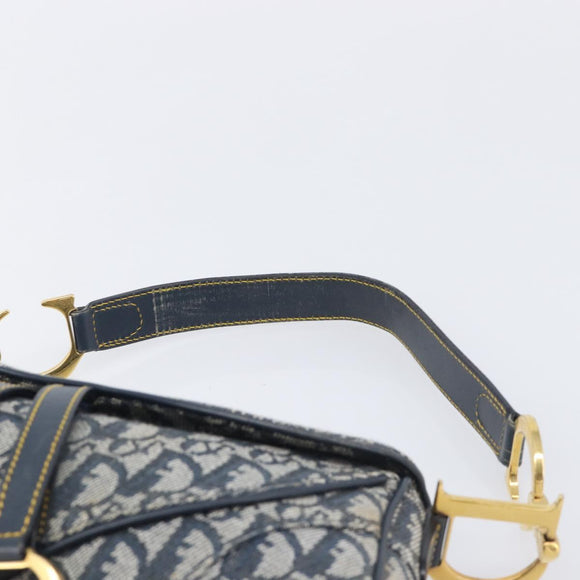 Christian Dior Trotter Canvas Double Saddle Bag Navy Gold Tone Auth 206654V