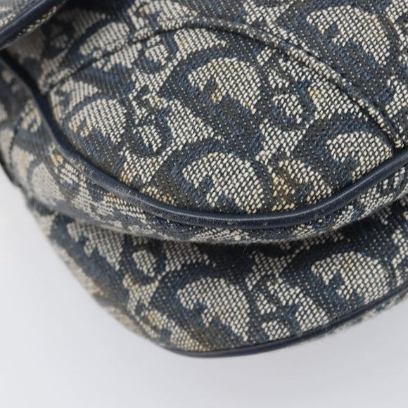 Christian Dior Trotter Canvas Double Saddle Bag Navy Gold Tone Auth 206654V
