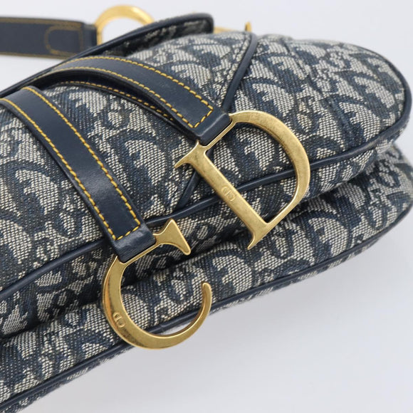 Christian Dior Trotter Canvas Double Saddle Bag Navy Gold Tone Auth 206654V