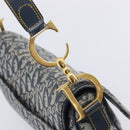 Christian Dior Trotter Canvas Double Saddle Bag Navy Gold Tone Auth 206654V-18