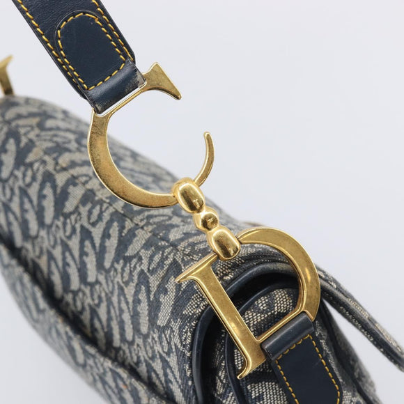 Christian Dior Trotter Canvas Double Saddle Bag Navy Gold Tone Auth 206654V