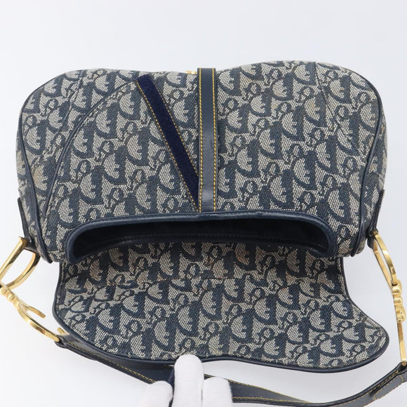 Christian Dior Trotter Canvas Double Saddle Bag Navy Gold Tone Auth 206654V