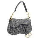 Christian Dior Trotter Canvas Double Saddle Bag Navy Gold Tone Auth 206654V-1