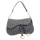 Christian Dior Trotter Canvas Double Saddle Bag Navy Gold Tone Auth 206654V-2