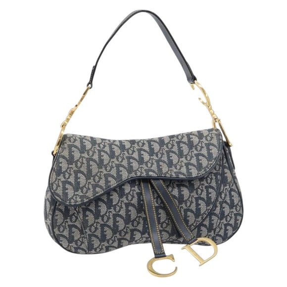 Christian Dior Trotter Canvas Double Saddle Bag Navy Gold Tone Auth 206654V