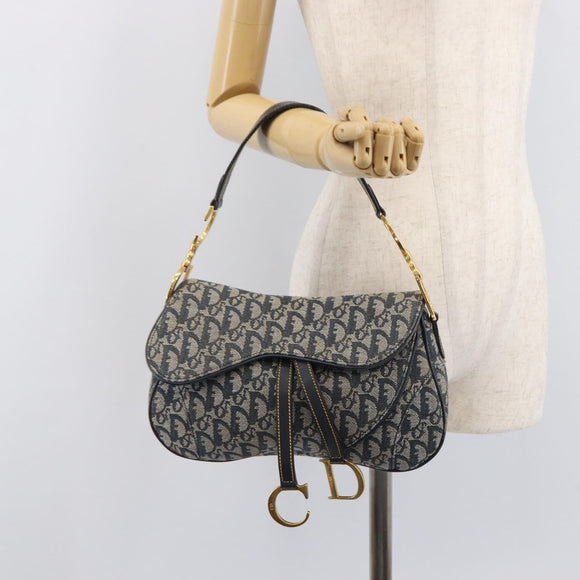 Christian Dior Trotter Canvas Double Saddle Bag Navy Gold Tone Auth 206654V