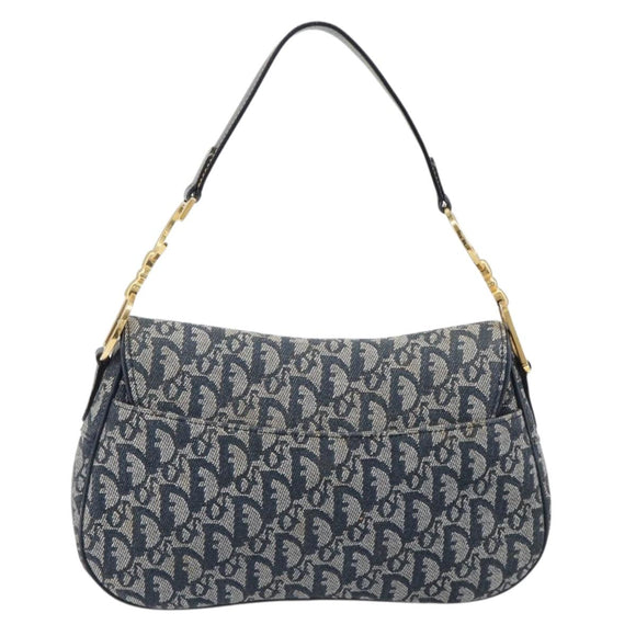 Christian Dior Trotter Canvas Double Saddle Bag Navy Gold Tone Auth 206654V