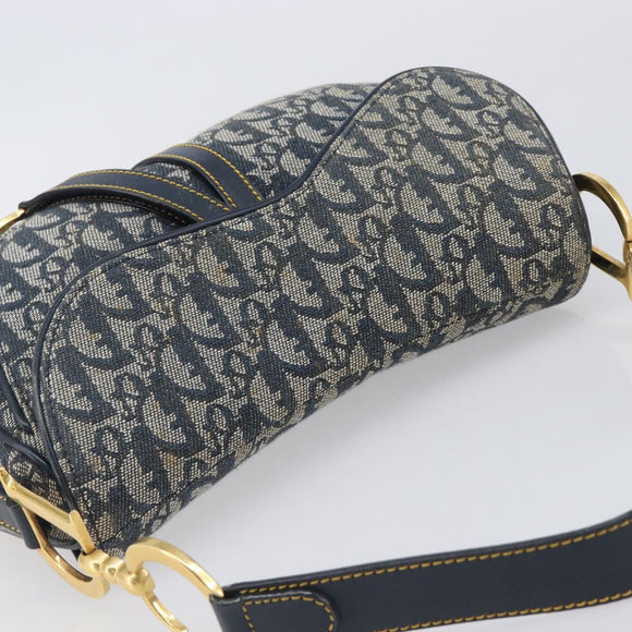 Christian Dior Trotter Canvas Double Saddle Bag Navy Gold Tone Auth 206654V