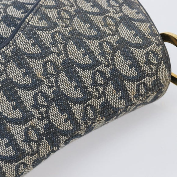 Christian Dior Trotter Canvas Double Saddle Bag Navy Gold Tone Auth 206654V