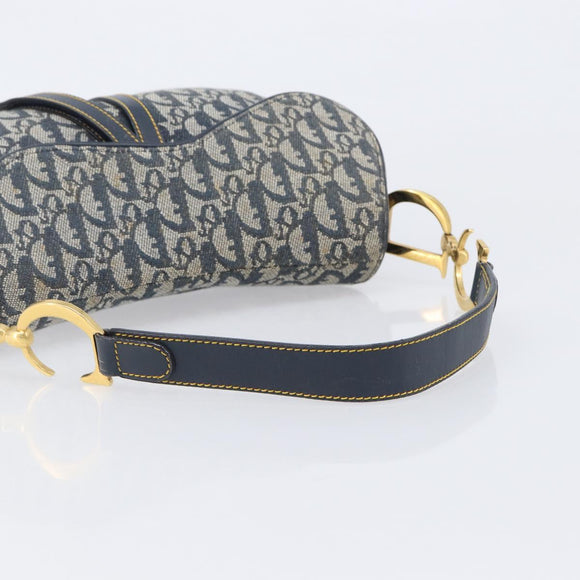 Christian Dior Trotter Canvas Double Saddle Bag Navy Gold Tone Auth 206654V