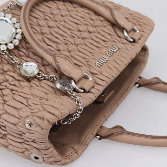 Miu Miu Hand Bag Leather 2way Beige Silver Auth 206656