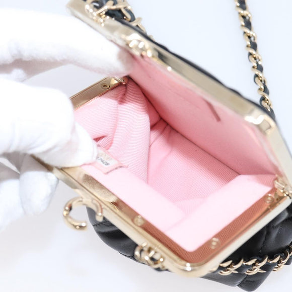 CHANEL Chain Pouch Lamb Skin Black Gold Tone CC Auth 206662SAV