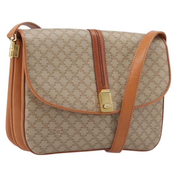 CELINE Macadam Canvas Shoulder Bag PVC Beige Gold Auth 206728