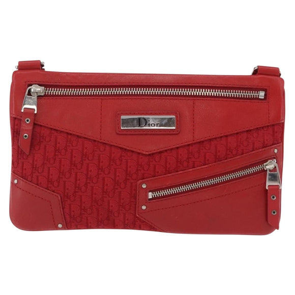 Christian Dior Trotter Canvas Shoulder Bag Red Silver Auth 206734V