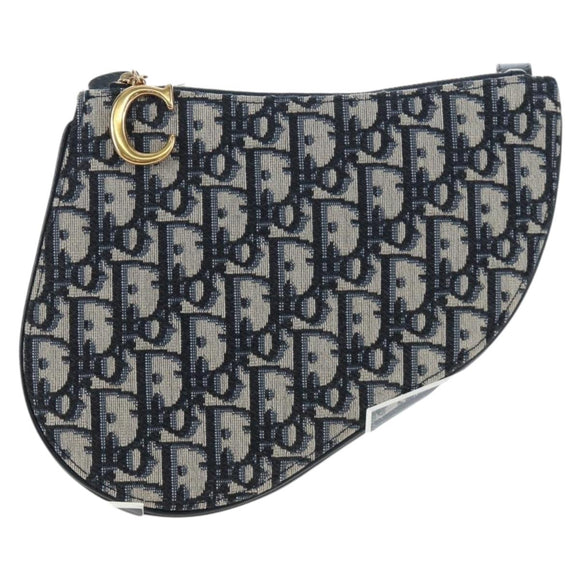 Christian Dior Trotter Canvas Saddle Shoulder Bag Navy Gold Auth 206735V