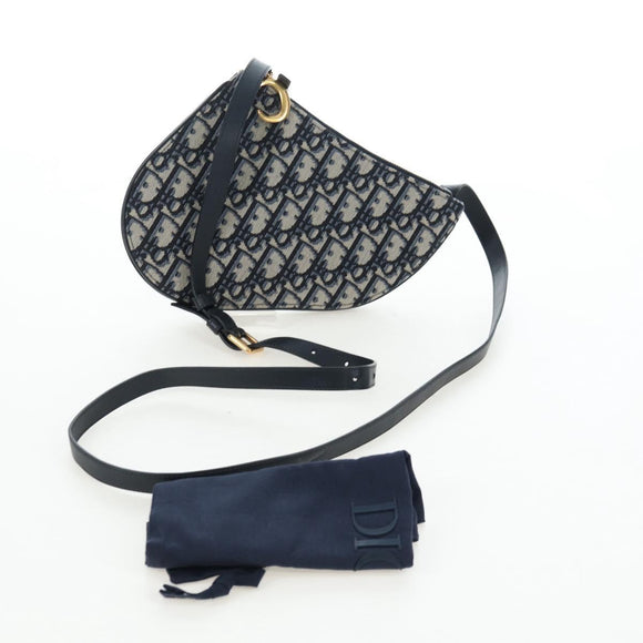 Christian Dior Trotter Canvas Saddle Shoulder Bag Navy Gold Auth 206735V