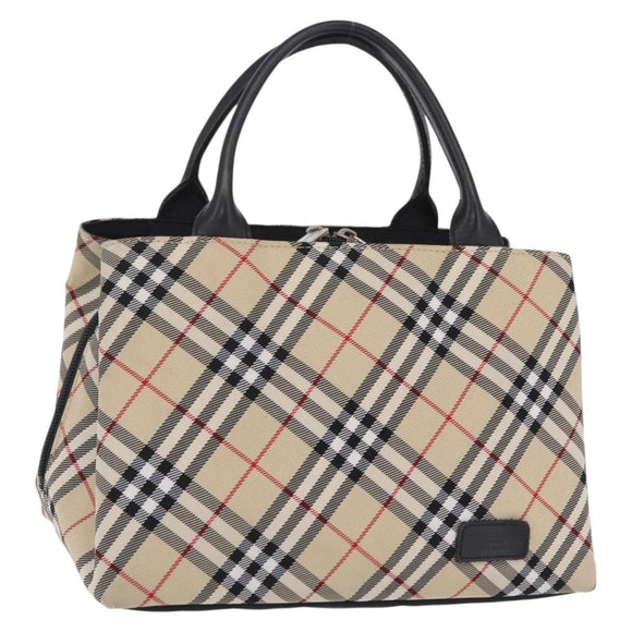 BURBERRY Nova Check Blue Label Hand Bag Nylon Beige Silver Auth 206736A