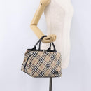 BURBERRY Nova Check Blue Label Hand Bag Nylon Beige Silver Auth 206736A-25