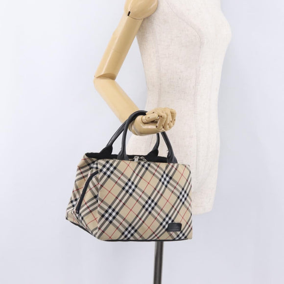 BURBERRY Nova Check Blue Label Hand Bag Nylon Beige Silver Auth 206736A