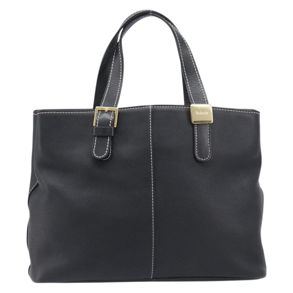 Burberrys Hand Bag Leather Black Gold Auth 206753A