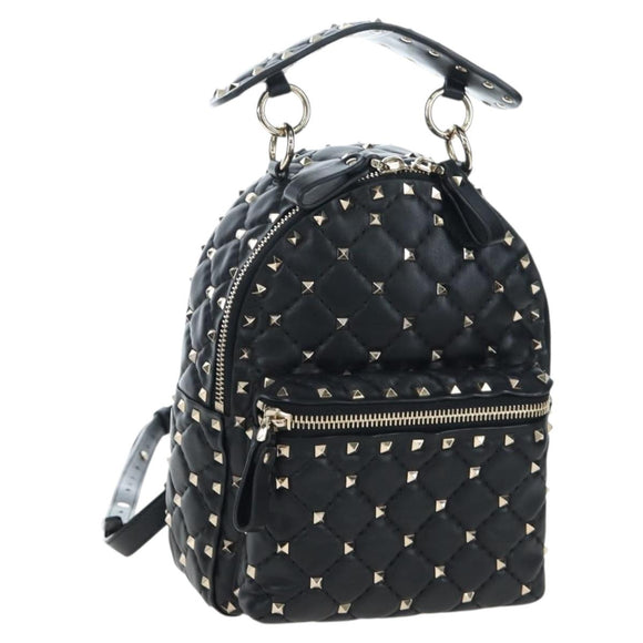 Valentino Rock Studs Backpack Leather Black Gold Auth 206755V