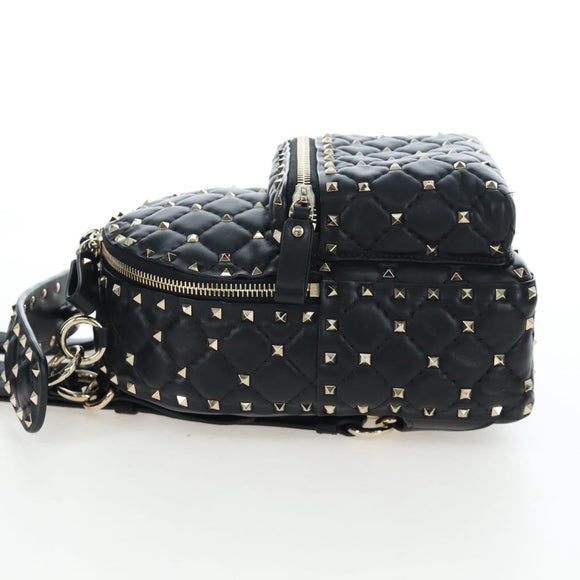 Valentino Rock Studs Backpack Leather Black Gold Auth 206755V