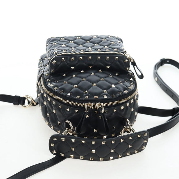 Valentino Rock Studs Backpack Leather Black Gold Auth 206755V