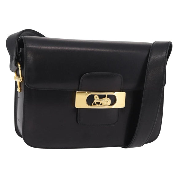 CELINE Horse Carriage Horsebit Shoulder Bag Leather Black Gold Auth 206758V