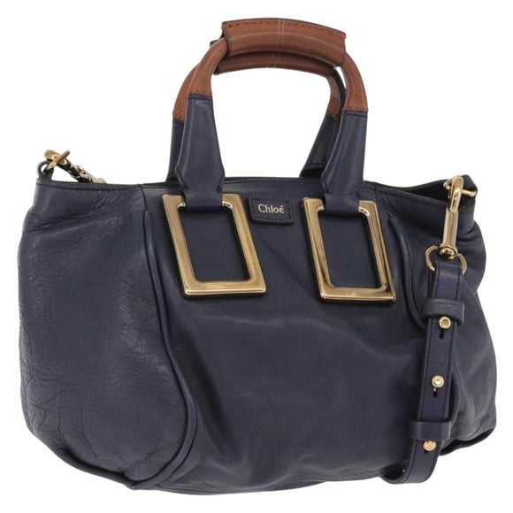 Chloe Etel Hand Bag Leather 2way Navy Gold Auth 206768