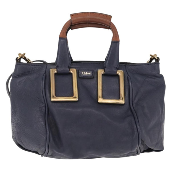 Chloe Etel Hand Bag Leather 2way Navy Gold Auth 206768