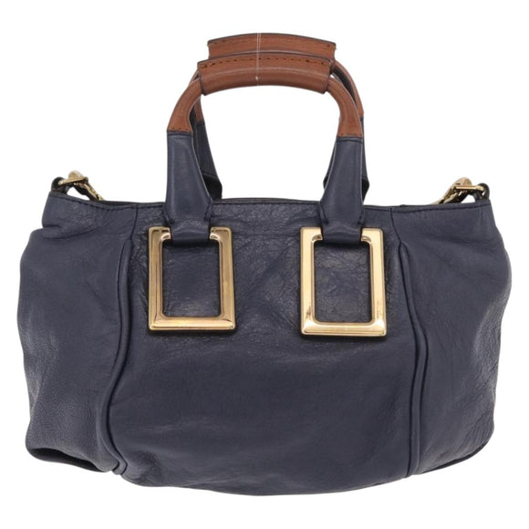Chloe Etel Hand Bag Leather 2way Navy Gold Auth 206768