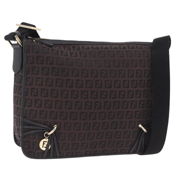 FENDI Zucchino Canvas Shoulder Bag Dark Brown Gold Auth 206775A