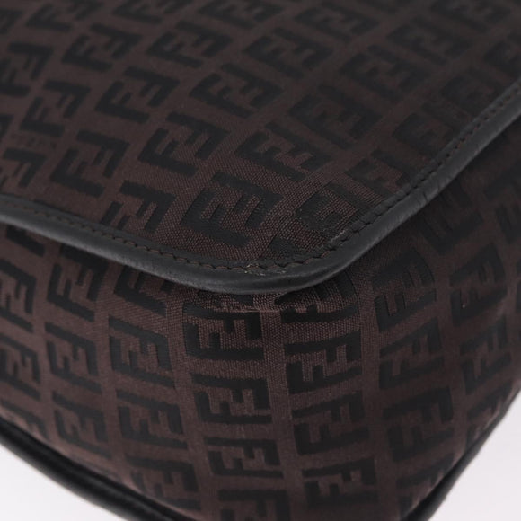 FENDI Zucchino Canvas Shoulder Bag Dark Brown Gold Auth 206775A