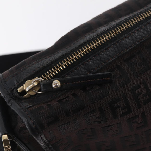 FENDI Zucchino Canvas Shoulder Bag Dark Brown Gold Auth 206775A