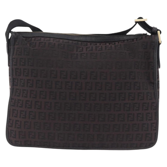 FENDI Zucchino Canvas Shoulder Bag Dark Brown Gold Auth 206775A