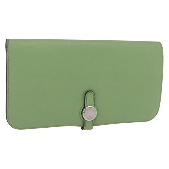 HERMES Dogon Long Wallet Leather Green Silver Auth 206778M