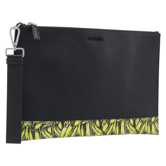 PRADA Clutch Bag Safiano Leather Black Silver Auth 206786M