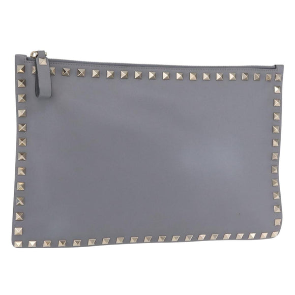 Valentino Rock Studs Clutch Bag Leather Gray Gold Auth 206788A