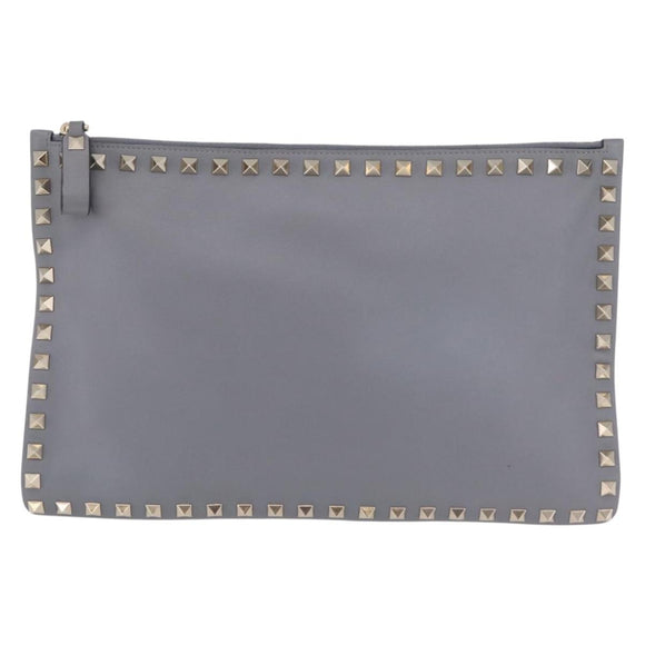 Valentino Rock Studs Clutch Bag Leather Gray Gold Auth 206788A